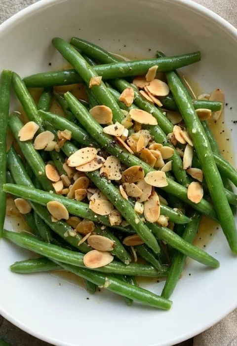 Gordon Ramsay green beans with mustard dressing topped with toasted flaked almonds in a roasted garlic dressing