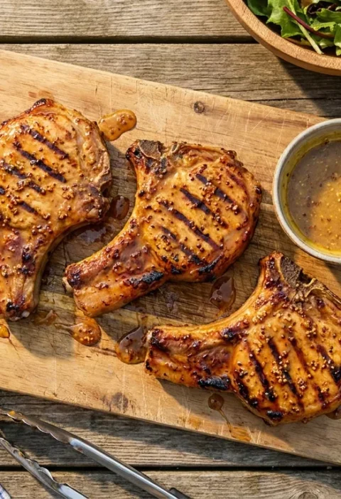 Gordon Ramsay honey mustard grilled pork chops with char lines on a wooden board