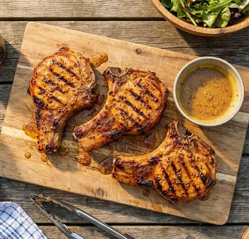 Gordon Ramsay honey mustard grilled pork chops with char lines on a wooden board
