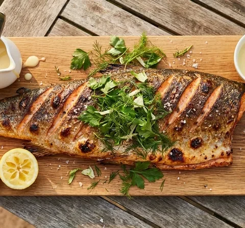 Gordon Ramsay grilled salmon: whole side of salmon crispy skin side up with scored charred skin, fresh herb salad, squeezed lemons and beurre blanc on an outdoor table
