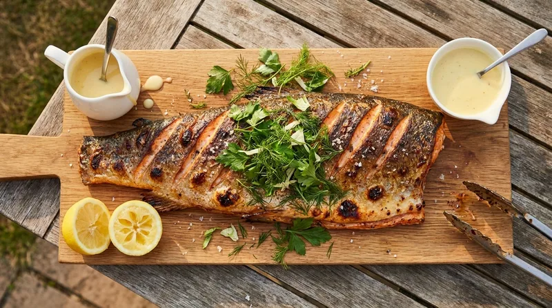 Gordon Ramsay grilled salmon: whole side of salmon crispy skin side up with scored charred skin, fresh herb salad, squeezed lemons and beurre blanc on an outdoor table