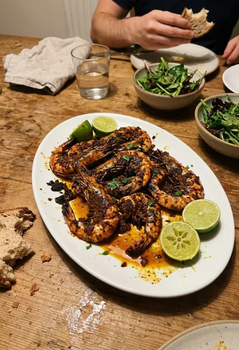 Spiced grilled prawns with toasted cumin paprika and turmeric paste on a white platter with lime quarters and green salad