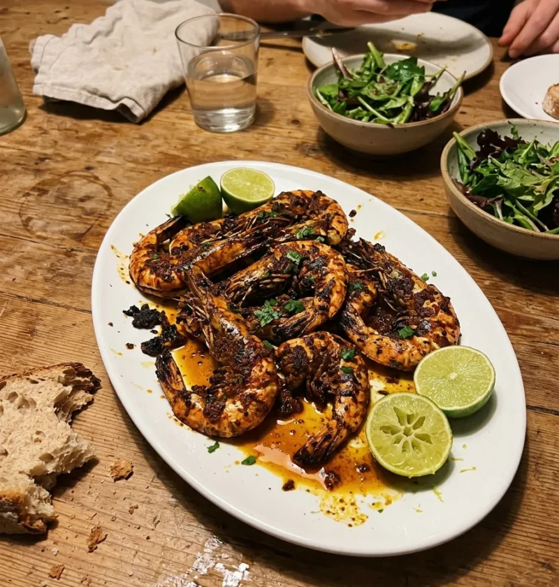 Spiced grilled prawns with toasted cumin paprika and turmeric paste on a white platter with lime quarters and green salad