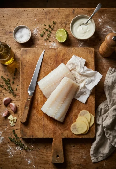 Raw halibut fillets on a wooden chopping board with a fillet knife thyme garlic lime yogurt and thin potato slices ready to cook
