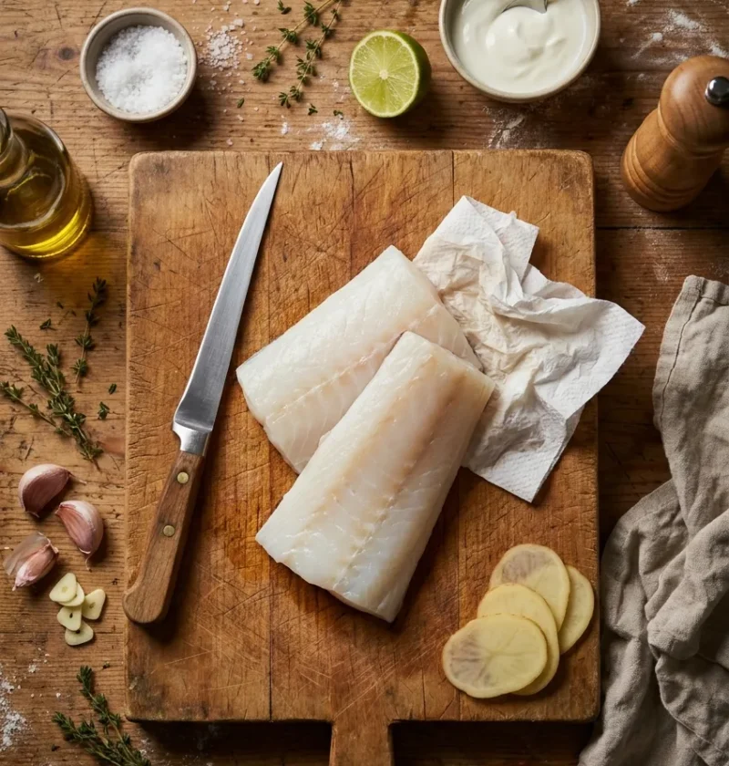 Raw halibut fillets on a wooden chopping board with a fillet knife thyme garlic lime yogurt and thin potato slices ready to cook