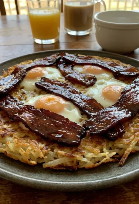 Gordon Ramsay hash brown baked eggs with dark candied bacon on slate plate family breakfast table