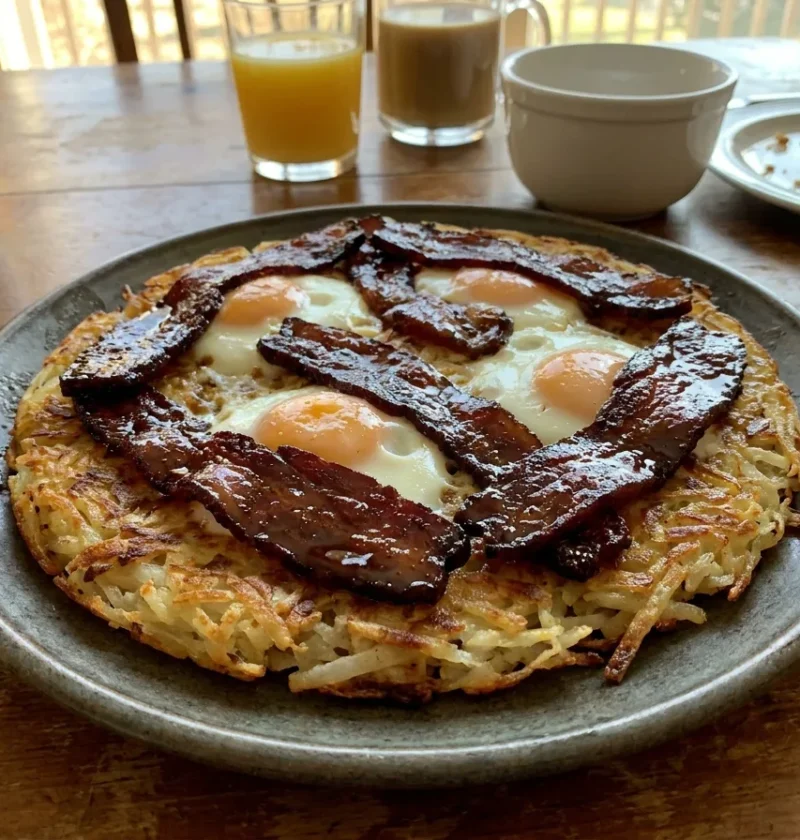 Gordon Ramsay hash brown baked eggs with dark candied bacon on slate plate family breakfast table