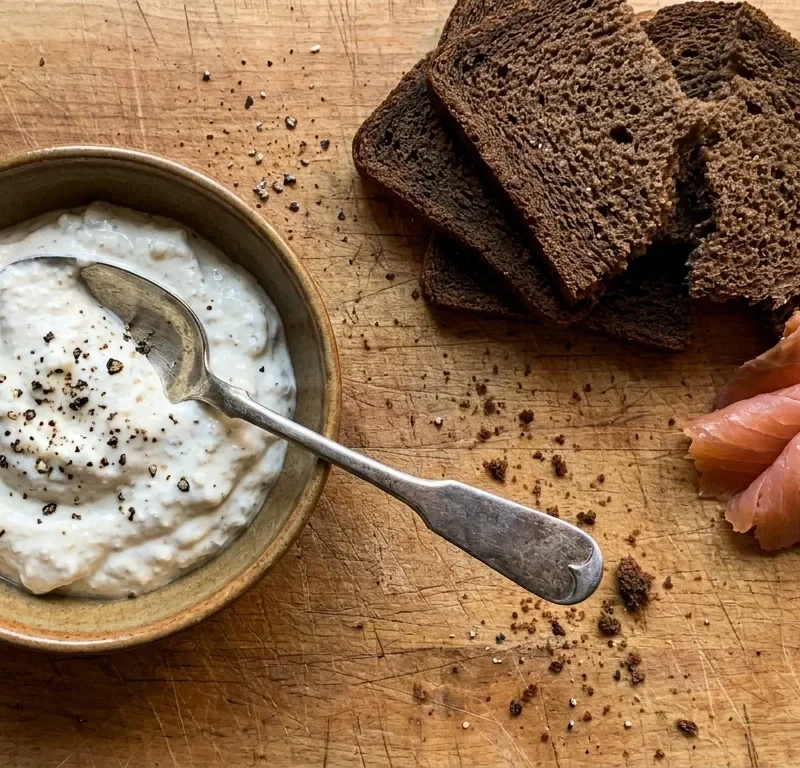 Gordon Ramsay horseradish sauce in a ceramic bowl with cracked black pepper, pumpernickel bread and smoked salmon on a wood table