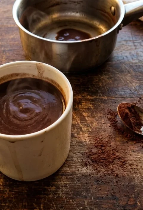 Gordon Ramsay hot chocolate recipe in a white mug with cocoa powder on a dark wooden table