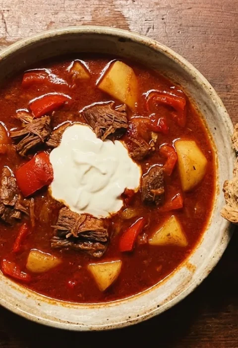 Gordon Ramsay Hungarian goulash in a bowl with deep red paprika broth, chunks of beef, peppers, potatoes and sour cream on top