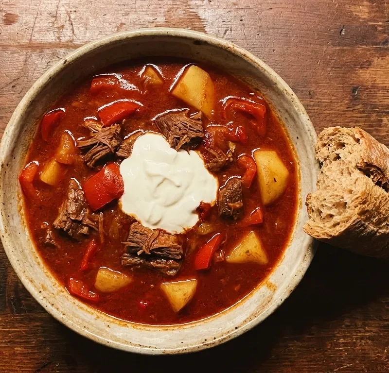 Gordon Ramsay Hungarian goulash in a bowl with deep red paprika broth, chunks of beef, peppers, potatoes and sour cream on top