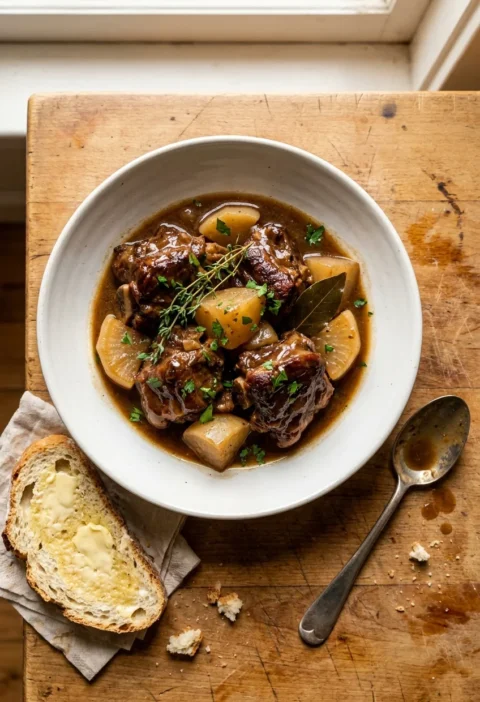 Gordon Ramsay lamb stew with braised neck of lamb chunks and pale turnip pieces in thick glossy brown gravy with thyme bay leaf and parsley in a white bowl with buttered bread