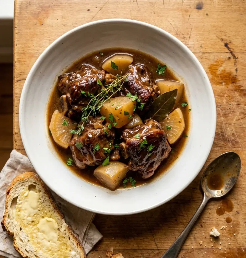 Gordon Ramsay lamb stew with braised neck of lamb chunks and pale turnip pieces in thick glossy brown gravy with thyme bay leaf and parsley in a white bowl with buttered bread
