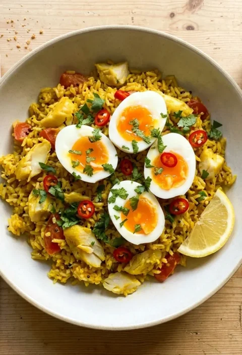 Gordon Ramsay kedgeree with golden curry rice flaked smoked haddock soft-boiled eggs coriander and chilli