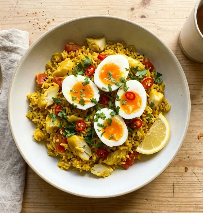 Gordon Ramsay kedgeree with golden curry rice flaked smoked haddock soft-boiled eggs coriander and chilli