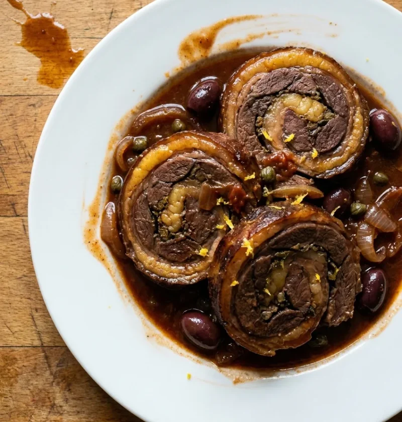 Gordon Ramsay stuffed lamb breast sliced into thick spirals in a rich tomato sauce with black olives capers and braised onion topped with lemon zest on a white plate