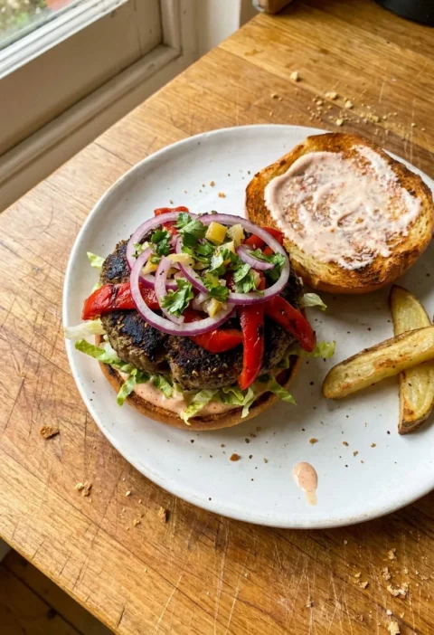 Gordon Ramsay lamb burger with seared za atar spiced patty red roasted peppers purple onion rings coriander and preserved lemon salsa on a toasted bun with harissa yoghurt and potato wedges
