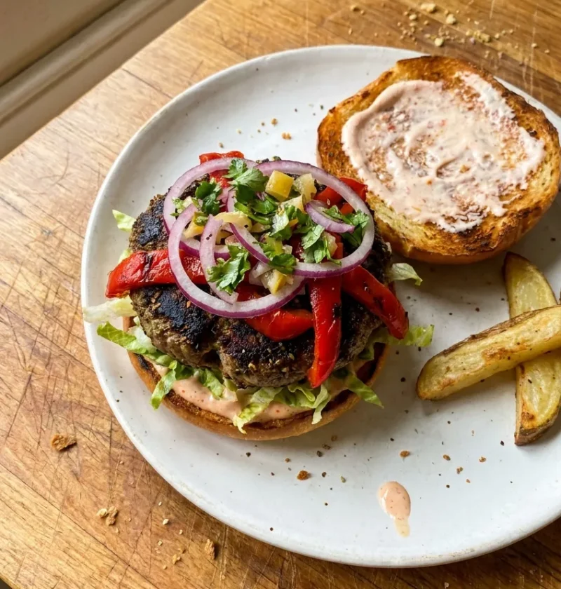 Gordon Ramsay lamb burger with seared za atar spiced patty red roasted peppers purple onion rings coriander and preserved lemon salsa on a toasted bun with harissa yoghurt and potato wedges