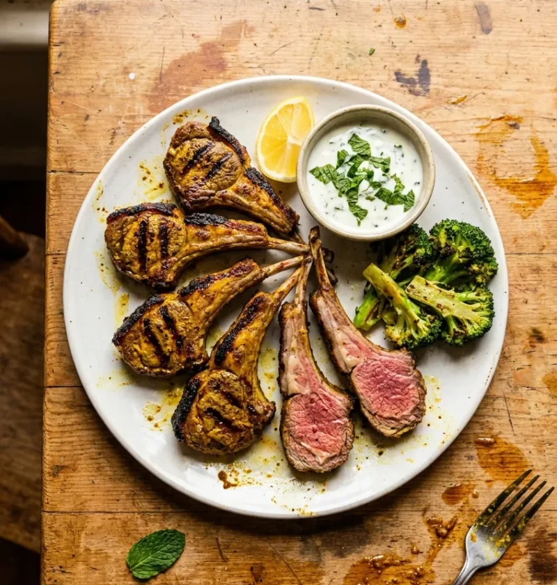 Gordon Ramsay aromatic lamb chops with turmeric spice rub griddle marks and pink medium rare interior served with minty yoghurt chargrilled broccoli and lemon on a white plate