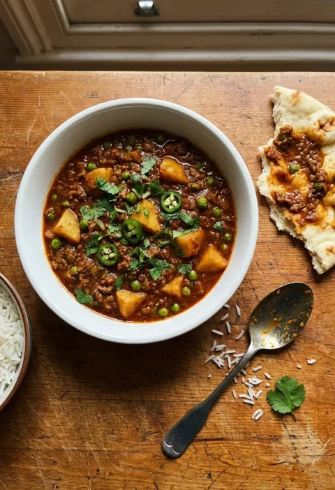 Gordon Ramsay lamb curry with minced lamb diced potatoes and peas in a rich spiced tomato sauce topped with fresh coriander and sliced green chilli served with naan bread and rice