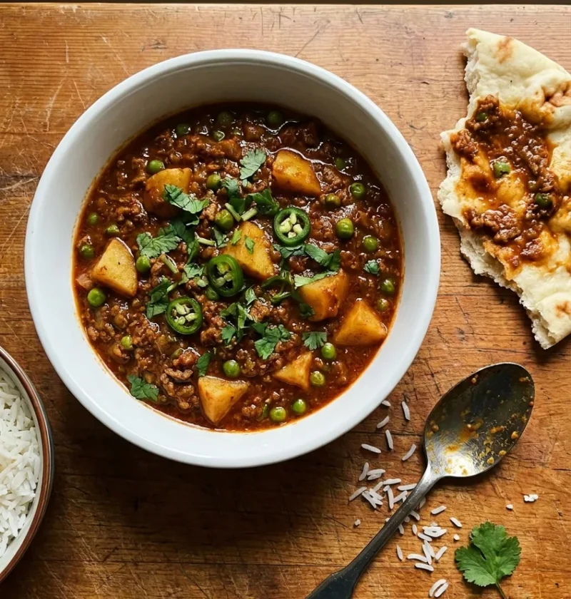 Gordon Ramsay lamb curry with minced lamb diced potatoes and peas in a rich spiced tomato sauce topped with fresh coriander and sliced green chilli served with naan bread and rice
