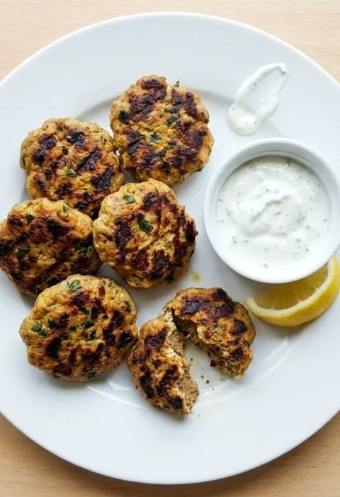 Gordon Ramsay lamb kofta patties with charred griddle marks and green herbs on a white plate with mint yoghurt dressing and lemon wedge