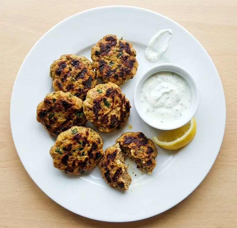 Gordon Ramsay lamb kofta patties with charred griddle marks and green herbs on a white plate with mint yoghurt dressing and lemon wedge