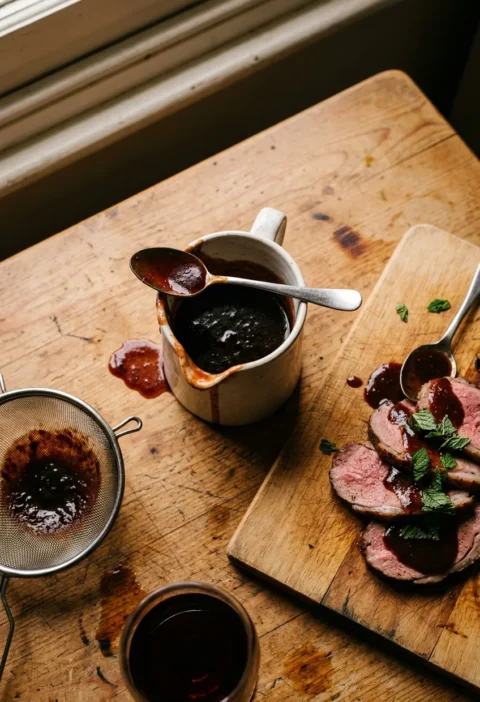 Gordon Ramsay lamb sauce in a white ceramic jug with dark glossy red wine reduction spooned over sliced pink roast lamb with torn mint leaves and a fine sieve on a wooden table