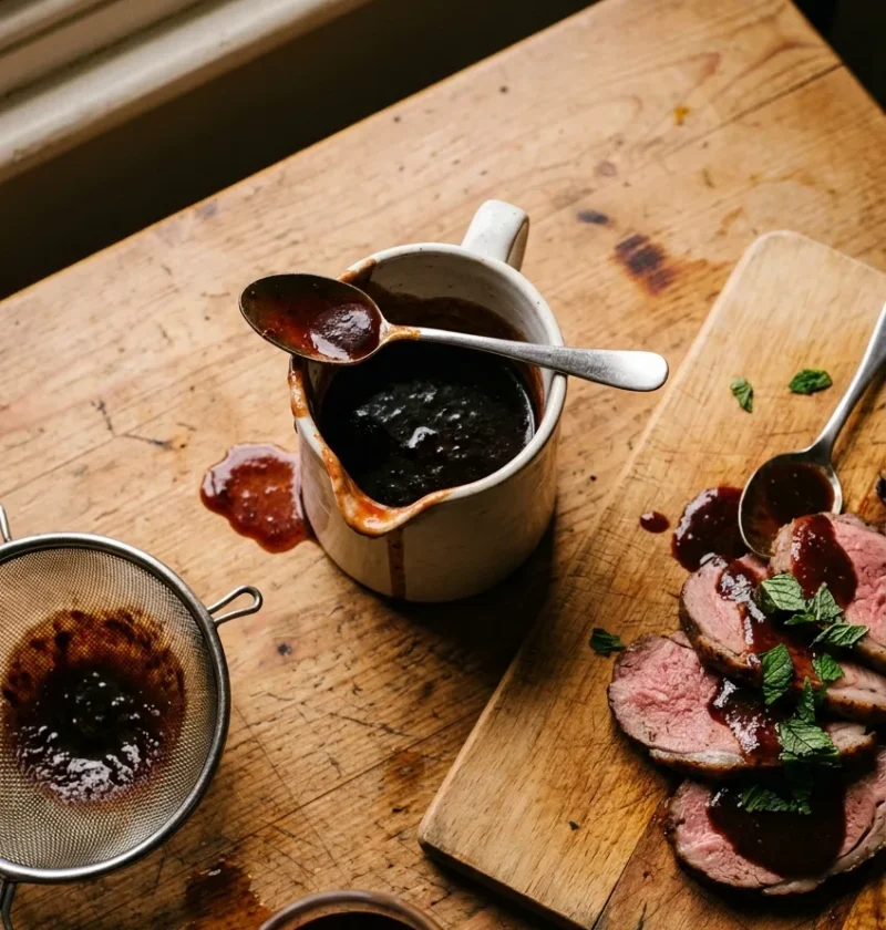 Gordon Ramsay lamb sauce in a white ceramic jug with dark glossy red wine reduction spooned over sliced pink roast lamb with torn mint leaves and a fine sieve on a wooden table