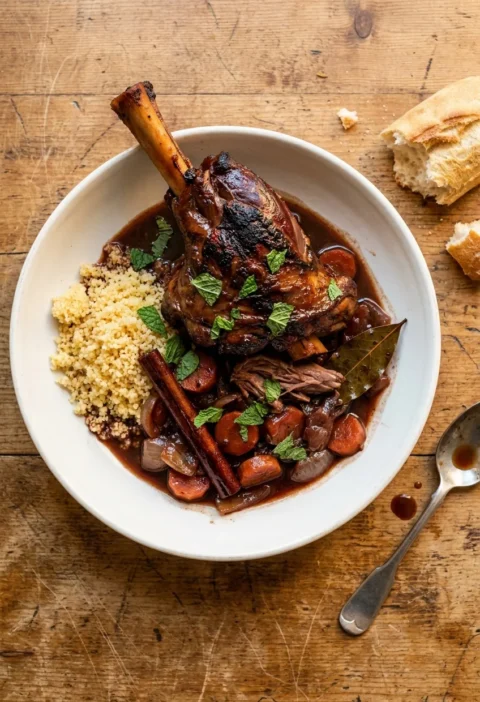 Gordon Ramsay lamb shank braised in red wine sauce with meat falling off the bone carrots onion cinnamon stick bay leaf and torn mint leaves served with couscous in a white bowl