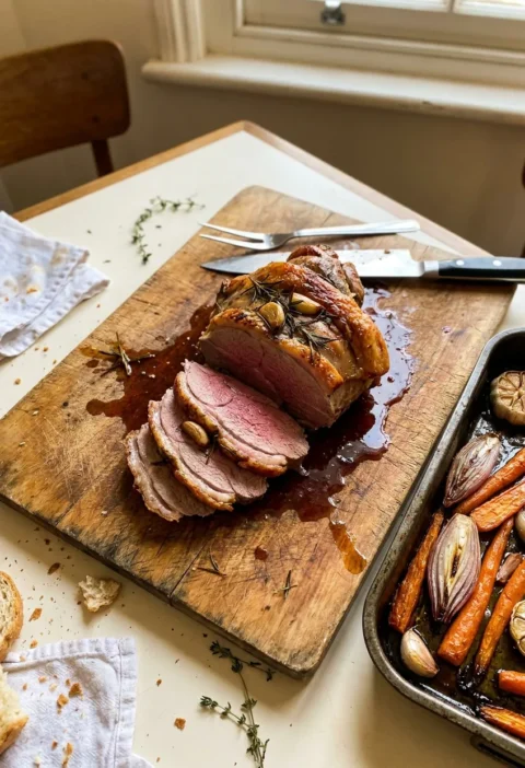 Gordon Ramsay roast lamb shoulder sliced on a wooden board showing pink medium rare interior with rosemary garlic and anchovy slits roasted carrots and shallots in a tin alongside