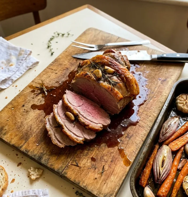 Gordon Ramsay roast lamb shoulder sliced on a wooden board showing pink medium rare interior with rosemary garlic and anchovy slits roasted carrots and shallots in a tin alongside