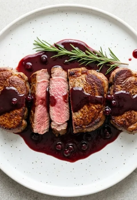 Gordon Ramsay lamb steaks pan-fried golden brown with one sliced showing pink medium rare interior and dark glossy redcurrant sauce with rosemary on a white plate