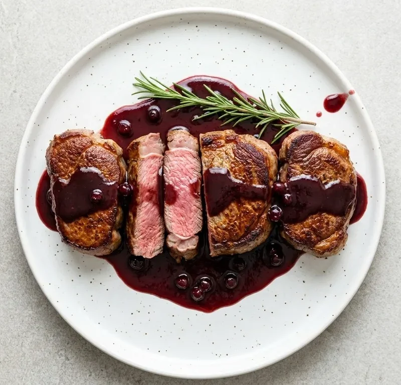 Gordon Ramsay lamb steaks pan-fried golden brown with one sliced showing pink medium rare interior and dark glossy redcurrant sauce with rosemary on a white plate