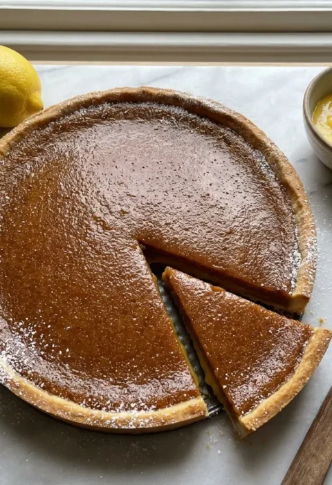 Gordon Ramsay lemon tart with golden treacle filling lemon curd base and crisp sweet pastry on marble