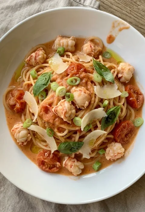 Gordon Ramsay lobster pasta with fresh spaghetti, cherry tomatoes, double cream, and Parmesan in a white bowl