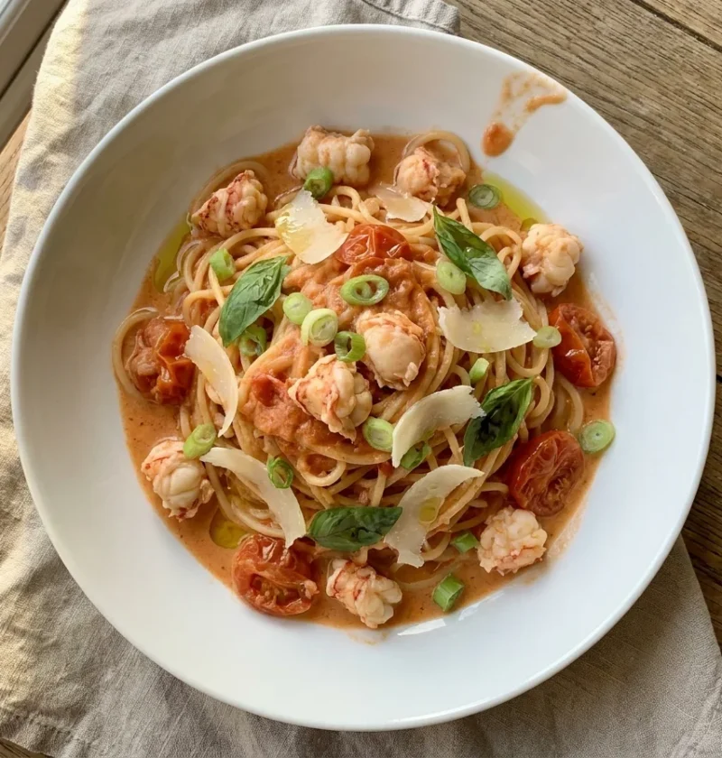 Gordon Ramsay lobster pasta with fresh spaghetti, cherry tomatoes, double cream, and Parmesan in a white bowl
