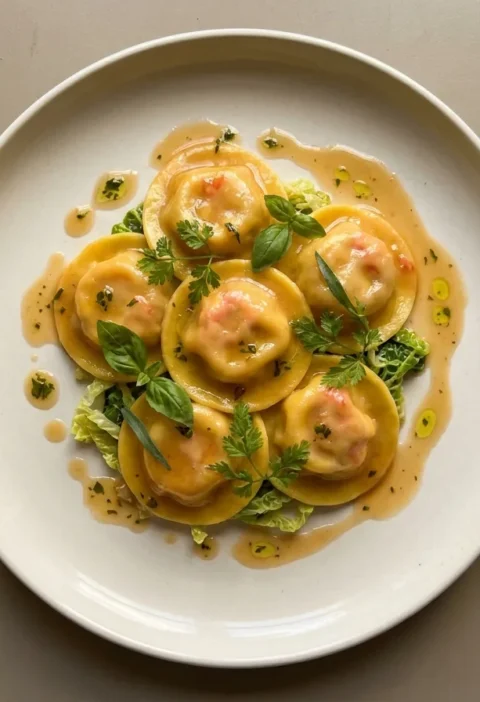 Gordon Ramsay lobster ravioli in golden egg pasta with a light shellfish stock sauce and herbs