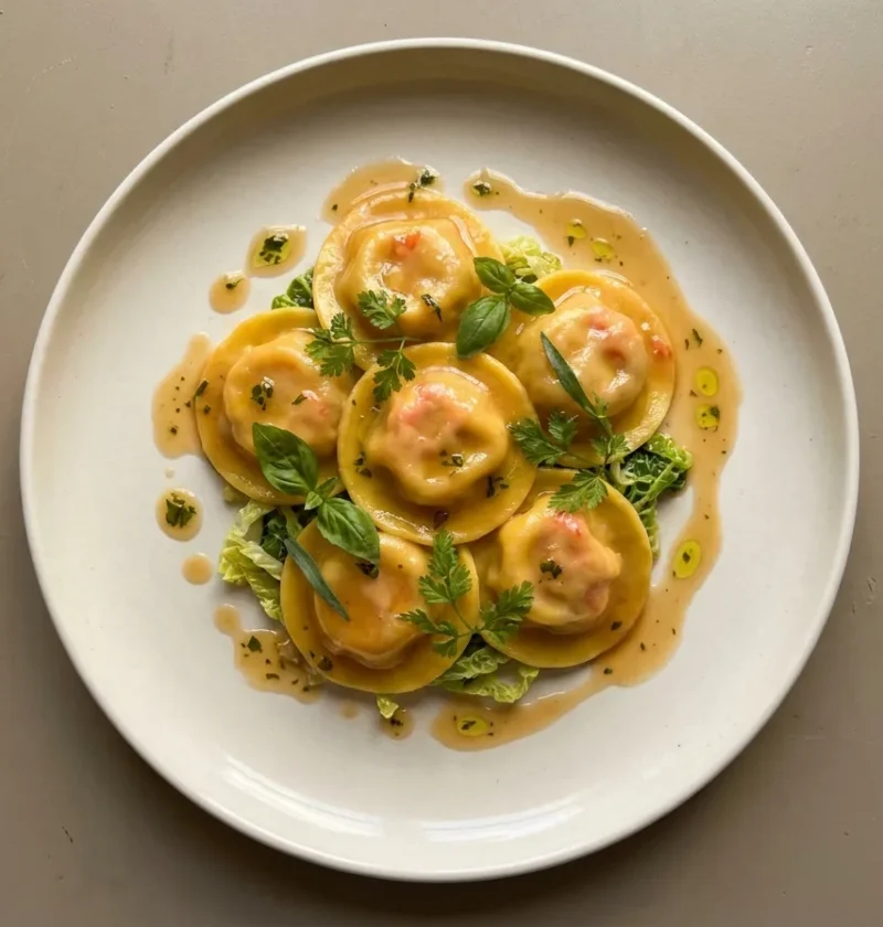 Gordon Ramsay lobster ravioli in golden egg pasta with a light shellfish stock sauce and herbs