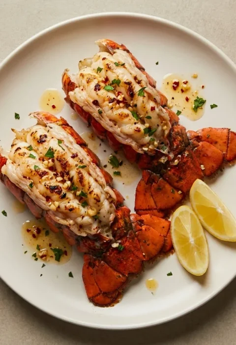 Gordon Ramsay lobster tail butterflied and grilled with chilli garlic and parsley butter and lemon
