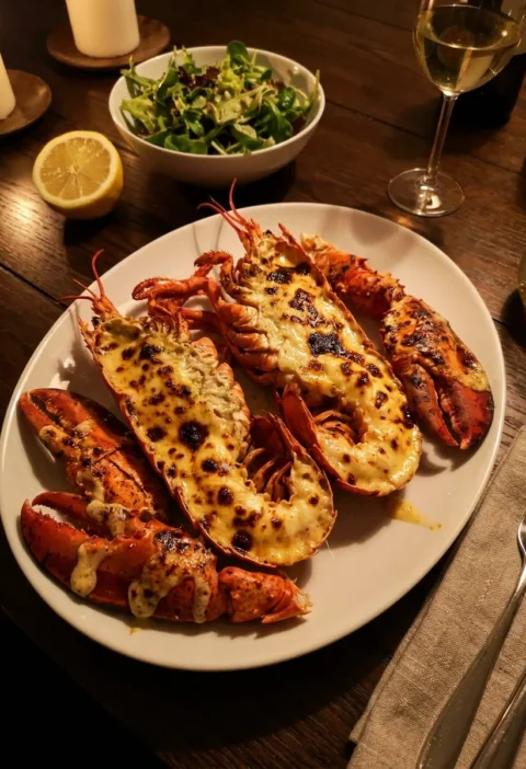 Lobster thermidor with golden bubbling Parmesan crust in red lobster shells on a white plate with green salad white wine and candlelight