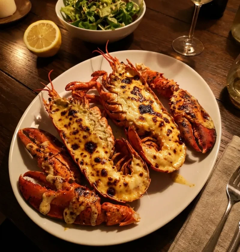 Lobster thermidor with golden bubbling Parmesan crust in red lobster shells on a white plate with green salad white wine and candlelight