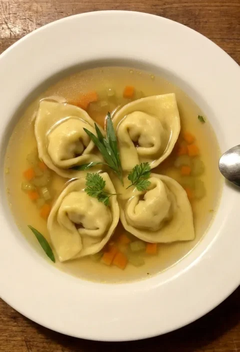 Gordon Ramsay lobster tortellini in golden shellfish broth with carrot celery and fresh herbs