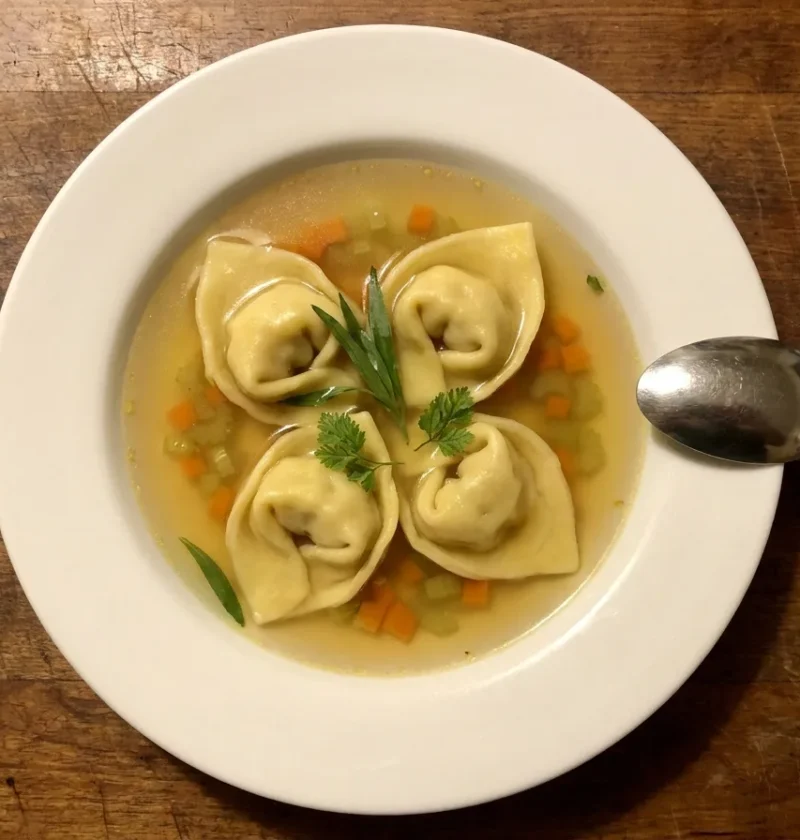 Gordon Ramsay lobster tortellini in golden shellfish broth with carrot celery and fresh herbs