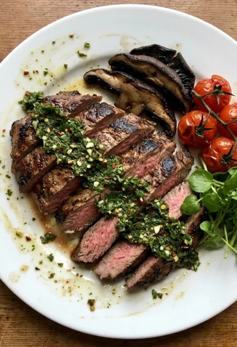 Gordon Ramsay London broil, flank steak carved against the grain with rosemary chimichurri, griddled mushrooms, tomatoes and watercress