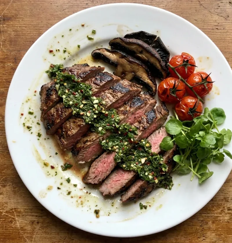 Gordon Ramsay London broil, flank steak carved against the grain with rosemary chimichurri, griddled mushrooms, tomatoes and watercress