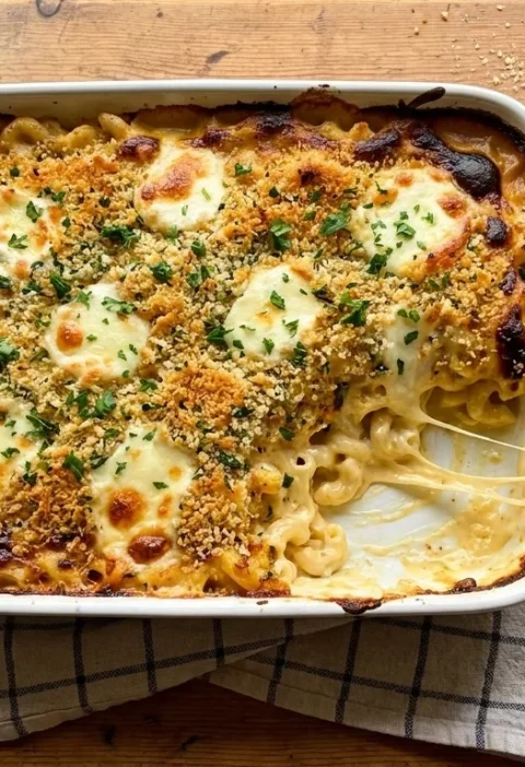 Gordon Ramsay mac and cheese: baked four-cheese macaroni in a white gratin dish with golden garlic breadcrumb top, browned mozzarella patches and a cheese pull from the served corner, with star anise and bay leaf beside it