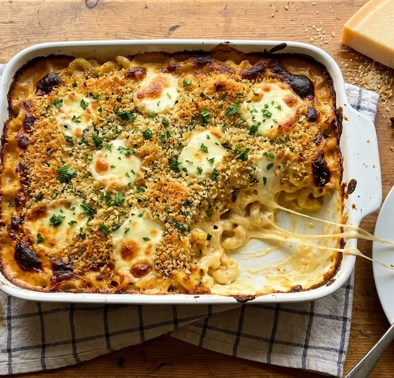 Gordon Ramsay mac and cheese: baked four-cheese macaroni in a white gratin dish with golden garlic breadcrumb top, browned mozzarella patches and a cheese pull from the served corner, with star anise and bay leaf beside it