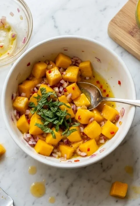 Gordon Ramsay mango salsa: chunky mango cubes with red onion, chilli and shredded mint being stirred in a white bowl, with a hedgehog-cut mango cheek and the emptied salsa base bowl beside it