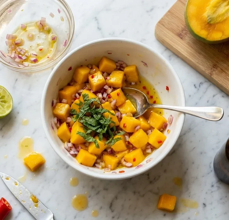 Gordon Ramsay mango salsa: chunky mango cubes with red onion, chilli and shredded mint being stirred in a white bowl, with a hedgehog-cut mango cheek and the emptied salsa base bowl beside it